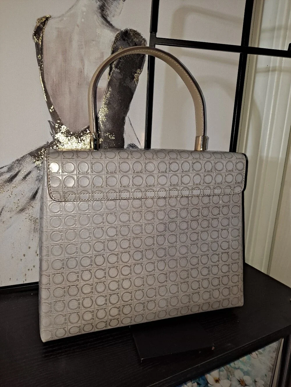 Salvatore Ferragamo Light Beige Gancini Monogram Top-Handle Satchel